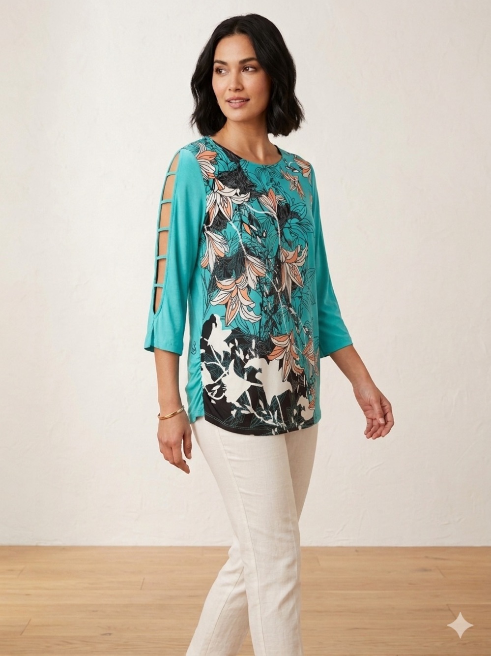 Anthony Richards Turquoise Floral Cutout Sleeve Tunic
